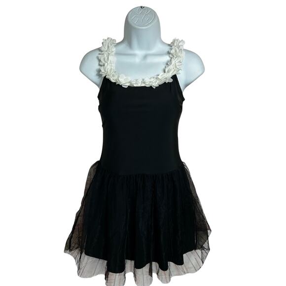 Shein Black Mini Dress Sz M Balletcore Mesh Skirt White Roses Attached Shorts - Picture 7 of 9